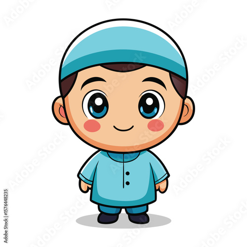 Cute cartoon boy in a light teal kufi hat and light teal outfit