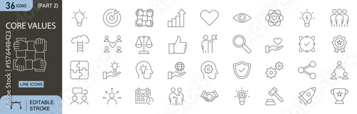 core Values Editable Line Icons Set . Includes icons for vision, leadership, trust, support, justice, growth, innovation, target, teamwork, and creativity. Perfect for business and Infographic use.