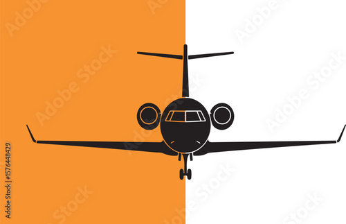 Black and orange silhouette of a private jet facing front centered on a background