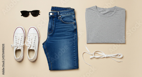 Stylish Outfit: A curated ensemble of classic clothing items, including denim jeans, a grey t-shirt, white sneakers, and sunglasses, ready for any casual occasion.