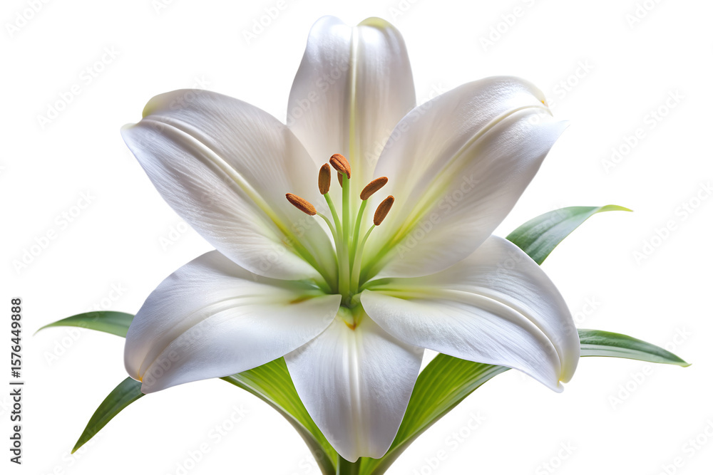 Naklejka premium A beautiful white lily flower with delicate petals and green leaves, isolated on a transparent background