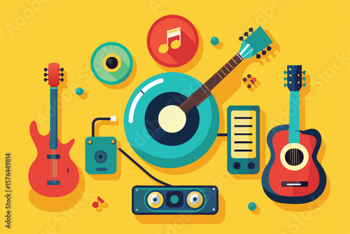 Vibrant illustration featuring an array of musical instruments including guitars, vinyl records, and a speaker on a yellow background. Ideal for music themes and creative design