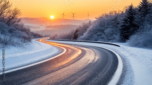 Winding winter road at sunrise with snow-covered hills and wind turbines