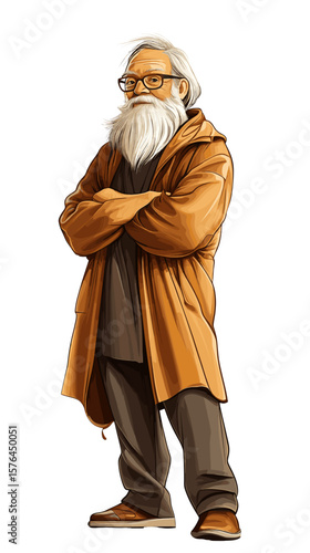 Elderly man standing with arms crossed wearing glasses and brown coat  