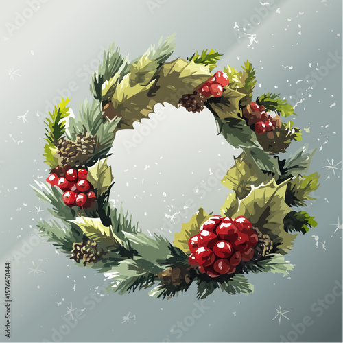 stylized pine and berry wreath icon in flat design on 512×512 px artboard symbolizing winter celebration and seasonal charm

