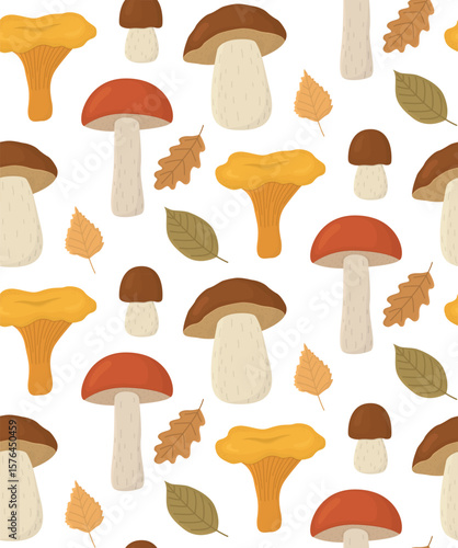 Seamless autumn pattern with mushrooms and leaves. Cozy fall background
