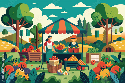 Illustration of a lively farmers market with vendors selling fresh produce. The vibrant colors and tranquil rural setting convey a sense of community and natural