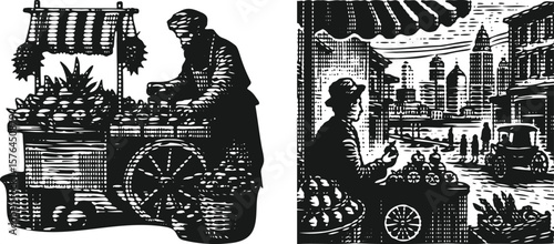  Monochrome lined effect engraving bundle of a street vendor man selling fruits — detailed vintage illustration vector design with classic line work for poster, print, and canvas use