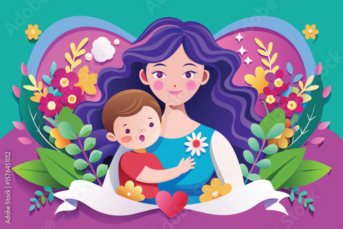 Vibrant artwork depicting a loving mother and child embraced by colorful flowers, symbolizing affection and unity. Ideal for themes of family love and maternal care.