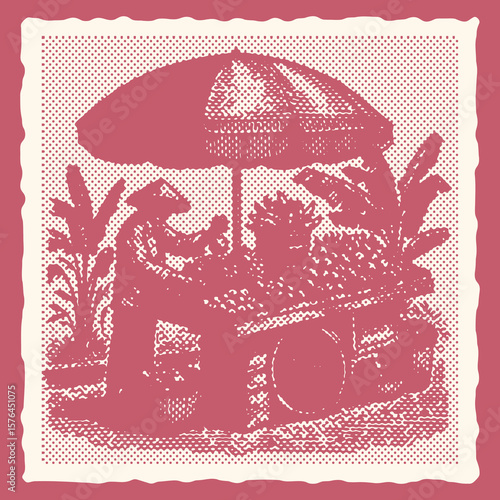  Vibrant Color Engraving Canvas Template Vector of Red Color A Street Vendor Man Selling Fruits with Stamp Halftone Effect for Retro Urban Market Illustration and Vintage Art Design