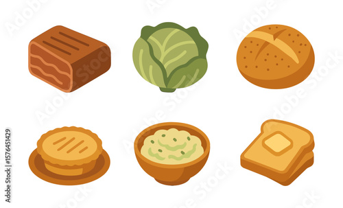 Traditional irish food icon set featuring corned beef, cabbage, and soda bread for culinary design