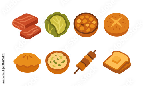 Irish cuisine icon set featuring corned beef, cabbage, potato stew, and more for cultural design