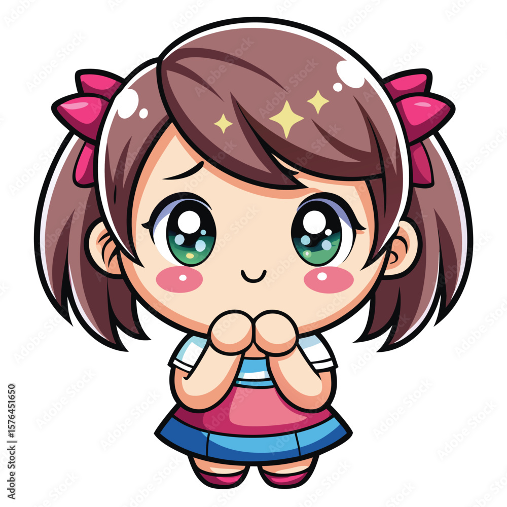 Obraz premium Cute anime girl with brown hair, pink bows, and big eyes, giving a grateful/thankful gesture