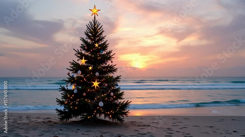 A Christmas tree is on the beach