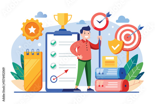 Illustration depicting a man with planning tools, target, and trophy symbolizing the achievement of business goals. Represents success, strategy, and organization in a colorful style.