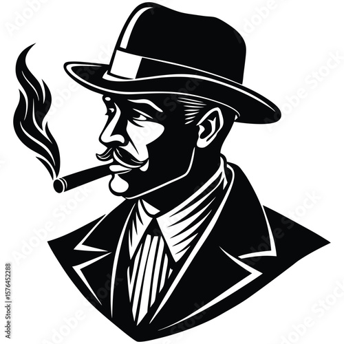 Sophisticated Gentleman: Vintage Style, Monochrome Portrait, Smoking Cigar, Fedora Hat.