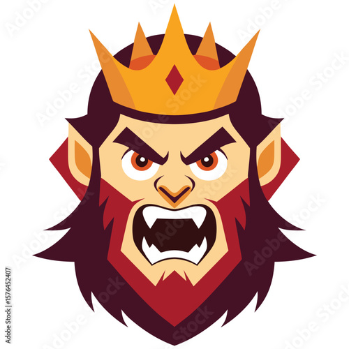 Angry King Cartoon Icon: Flat Design, Regal, Fierce Expression, Game Asset