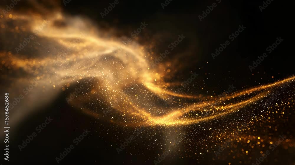 Abstract golden wave on black background with shimmering particles  