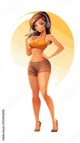 Young woman wearing headphones and posing in a sporty outfit  