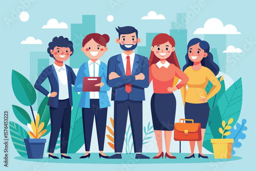 Illustration of a diverse team of professionals standing confidently with an urban cityscape background. Perfect for concepts of teamwork, diversity, and successful business environments.