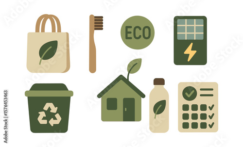 Eco-friendly lifestyle icons for sustainable living and environmental awareness design