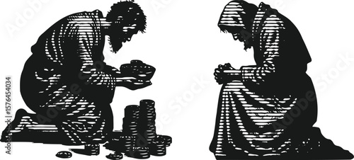  Monochrome lined effect engraving bundle featuring a detailed kneeling beggar illustration, vintage style hand-drawn art, perfect for historical, social, and charity themed designs, high quality vect