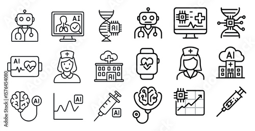 Set of medical icons including a robot doctor, a nurse, a hospital, a hospital bed, a hospital building, a hospital room, a hospital bed, a hospital bed, a hospital bed, a hospital bed, a hospital b
