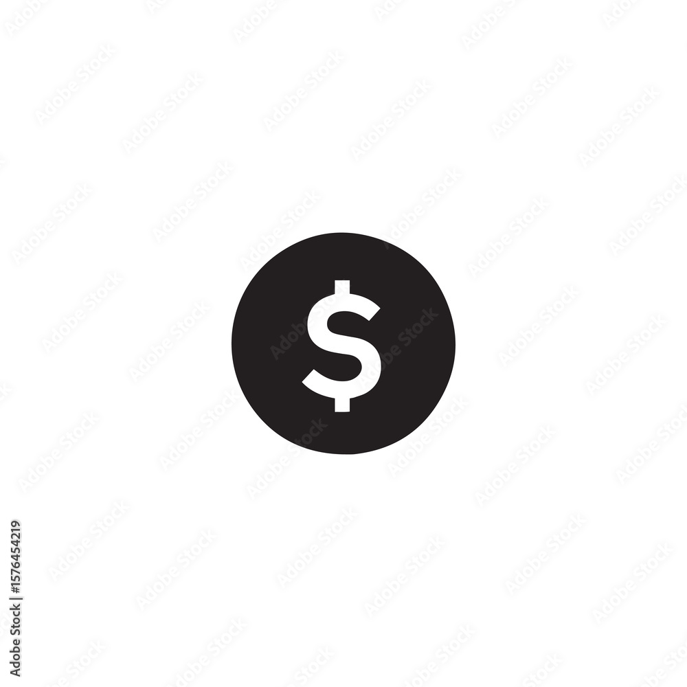 Black circle icon showing white dollar sign symbol on a white background Black circle icon showing white dollar sign symbol on a white background