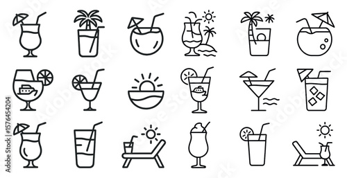 Set of black and white images of various drinks and glasses, including a martini glass, a martini glass with a straw, a martini glass with a straw and a martini glass with a straw and a martini glas