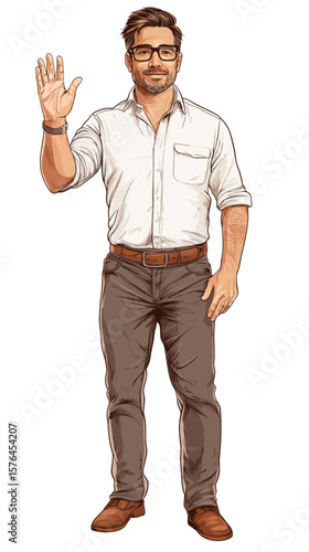 Man waving with a friendly smile while standing in casual attire  
