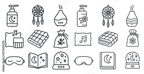Collection of items related to sleep and relaxation. The items include a book, a pillow, a blanket, a lavender scented candle, a music note, a dreamcatcher, and a bottle of lotion