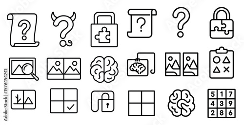 Set of icons that include a brain, a lock, a key, a puzzle, a question mark, a picture of a mountain, a picture of a skull, a picture of a book, a picture of a cross, a picture of a