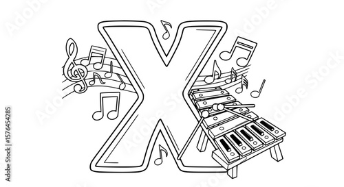 Letter X with a xylophone and music notes, outlined, kids coloring book design.generative ai