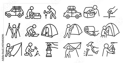Series of icons depicting various outdoor activities such as camping, hiking, and car camping. The icons are drawn in a stylized, minimalist way