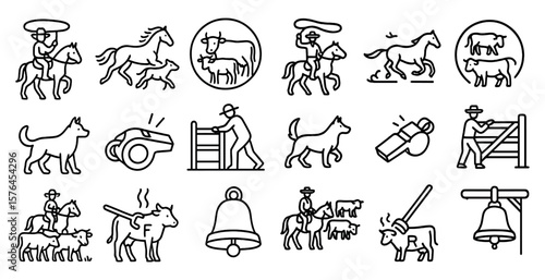 Series of images of people and animals, including horses and cows, with a bell in the middle