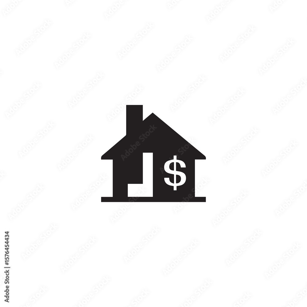 Black House Icon with Dollar Symbol on White Background, Isolated Real Estate Cost Black House Icon with Dollar Symbol on White Background, Isolated Real Estate Cost