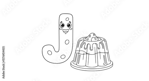 Letter J with a jiggly jelly dessert and a happy face, outlined for kids’ coloring book .generative ai
