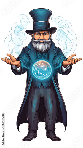 Magician in top hat holding a crystal ball and casting spells  