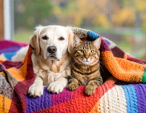 Cozy pets under a colorful blanket (1)