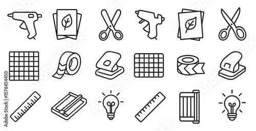 Collection of various office supplies and tools, including scissors, tape, and a ruler. Concept of organization and productivity