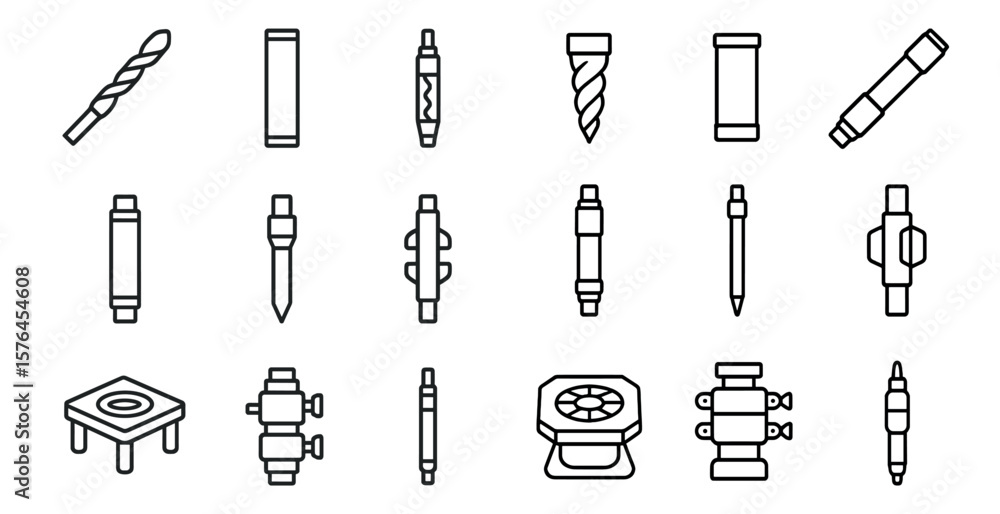 Obraz premium Set of tools and equipment are shown in a line drawing. The tools include a drill, a screwdriver, a wrench, and a pair of scissors. Concept of organization and order