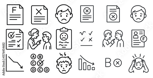 Series of black and white icons depicting various emotions and situations. The icons include a sad face, a frowning face, a worried face, a scared face, a confused face, a disappointed face