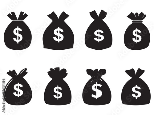 Eight Black Money Bag Icons with Dollar Signs on a White Background
