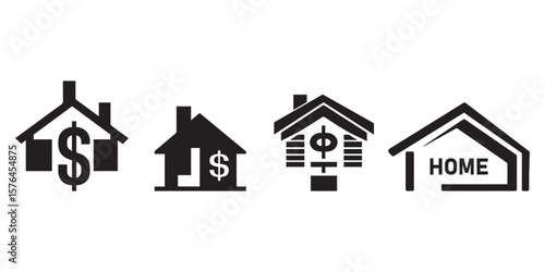 Four house black icons with dollar signs and home word on white background
