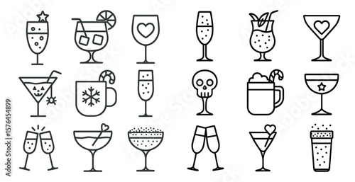Set of 12 different types of drinks, including martinis, cocktails, and beer. The drinks are drawn in a stylized way, with each drink represented by a different shape and size