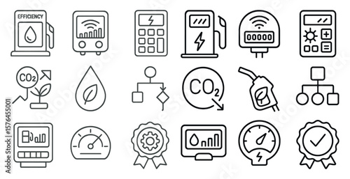 Collection of icons for various things related to energy and the environment. The icons include a calculator, a gas pump, a CO2 logo, and a green leaf