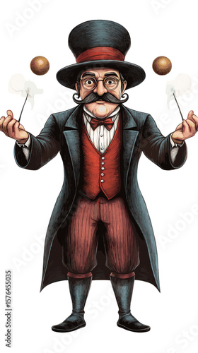 Circus performer juggling balls in vintage attire with a top hat  