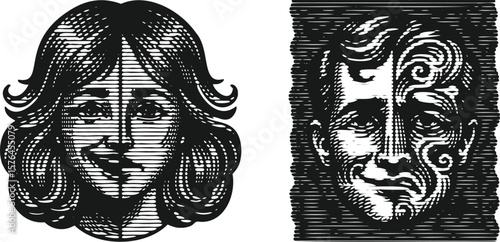  Monochrome lined effect engraving bundle featuring a dual-faced portrait with one side happy and the other side sad, expressive emotion contrast, detailed vintage style illustration