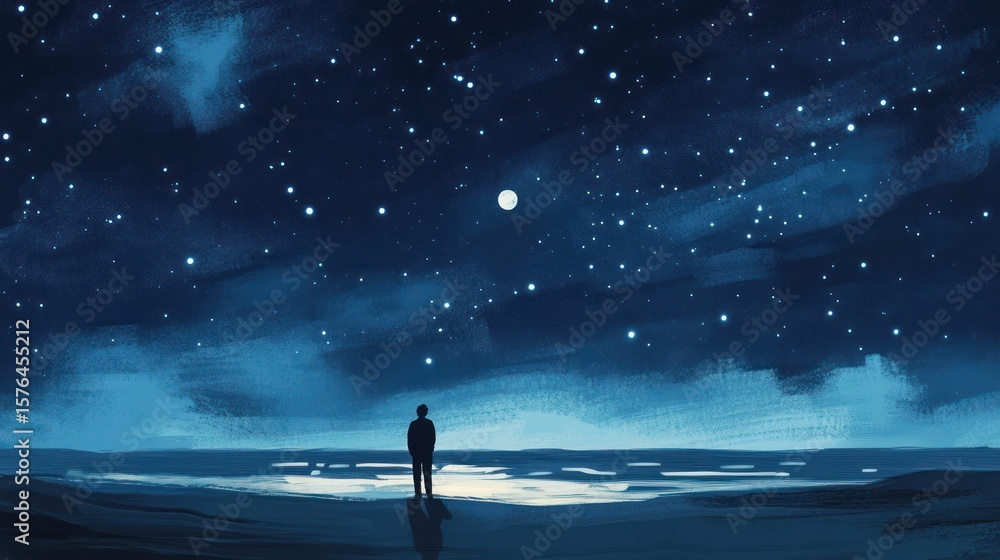 Fototapeta premium Night sky, lone figure, beach, stars, moon, reflection, calm, serenity, artwork, contemplation