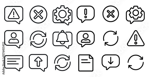 Set of icons for a messaging app. The icons include a bell, a gear, and a red exclamation point